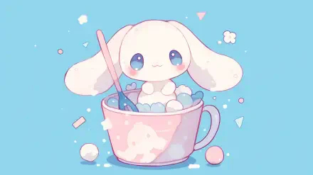 A cute Cinnamoroll character from Sanrio sits in a pink cup filled with fluffy clouds, surrounded by pastel shapes against a vibrant blue background. An enchanting anime-style wallpaper.