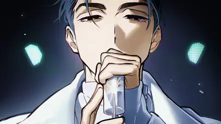 A character named Ivan from Alien Stage holds a drink, eyes closed in a moment of reflection, against a dark background accented by glowing elements. HD PC desktop wallpaper.