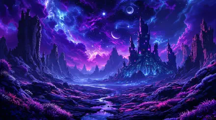 A vibrant fantasy landscape with a majestic castle, illuminated by a cosmic night sky filled with stars and planets, showcasing rich colors and intricate details in 4K Ultra HD.