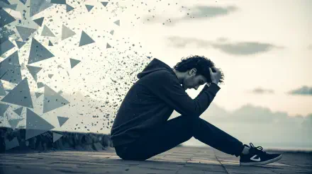 A heartbroken individual sits in solitude, head in hands, surrounded by fragmented shapes, conveying deep emotion and introspection in a captivating 4K Ultra HD background.
