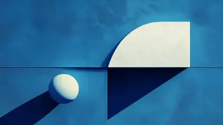 A minimalist blue wallpaper featuring geometric shapes, including a white sphere and a curved white form casting shadows against a smooth blue background in 4K Ultra HD.