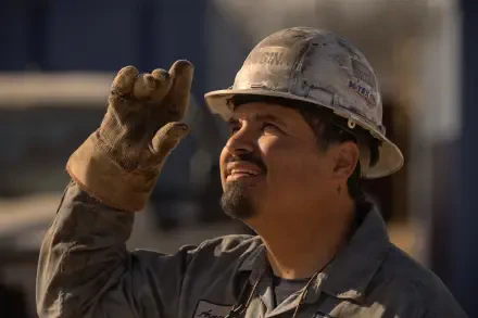 A still from the TV show Landman, featuring Michael Peña in a hard hat and work gloves, looking up with a smile, set against a construction background. 4K Ultra HD wallpaper.