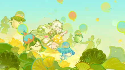 A vibrant 4K Ultra HD desktop wallpaper featuring Nahida from Genshin Impact, surrounded by colorful creatures and lush greenery, capturing the enchanting atmosphere of the game.