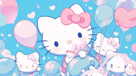 Aesthetic anime illustration featuring Hello Kitty surrounded by playful balloons, creating a cheerful and vibrant atmosphere suitable for HD PC desktop wallpaper.