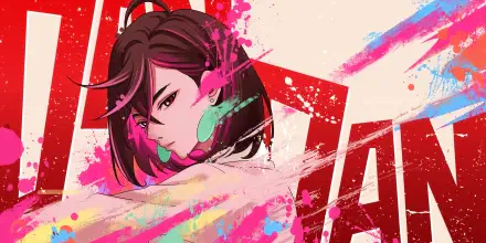 Vibrant 4K Ultra HD anime wallpaper featuring Momo Ayase from Dandadan with colorful paint splashes and bold red text in the background.