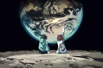 HD anime desktop wallpaper featuring Dandadan characters Momo Ayase and Ken Takakura sitting on a rocky surface with a large Earth-like planet in the background.