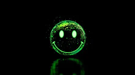 A luminous green emoticon with a smiling face, set against a dark background, displayed as a vibrant 4K Ultra HD PC desktop wallpaper.