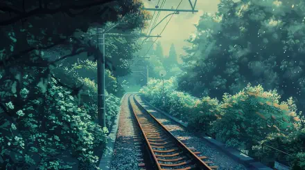 A serene view of a winding railroad surrounded by lush greenery, captured in stunning 4K Ultra HD, perfect for a desktop wallpaper or background.