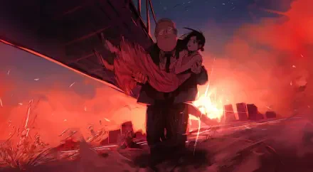 A dynamic HD wallpaper featuring Taro Sakamoto carrying Aoi Sakamoto against a fiery backdrop, showcasing intense action and emotion from the anime Sakamoto Days.