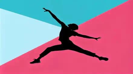 A vibrant 4K Ultra HD background showcases a silhouette of a dancer in an energetic pose, set against a striking geometric backdrop of pink and blue colors.