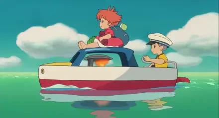 A vibrant HD wallpaper featuring characters from Studio Ghibli's *Ponyo*, depicting two children on a colorful boat sailing across a serene, turquoise sea.
