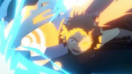 An anime character with mechanical arms, depicted in an action-packed scene, features vibrant colors and dynamic lighting, designed as an HD PC desktop wallpaper and background.