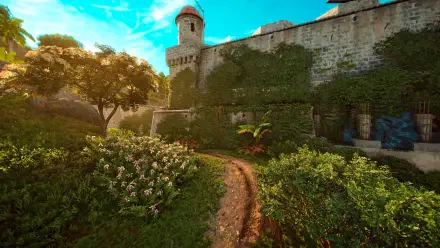 A vibrant 4K Ultra HD desktop wallpaper showcasing a lush, nature-filled pathway leading to a historic tower, inspired by the world of Far Cry 6.