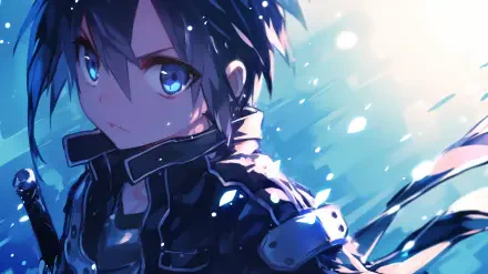 A blue-themed HD wallpaper featuring Kirito from Sword Art Online, showcasing his fierce expression and dynamic pose against a vibrant, shimmering backdrop.