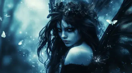 A gothic fairy with dark, flowing hair and a floral crown gazes intensely at the viewer, surrounded by a mystical blue glow, perfect for a fantasy-inspired 4K Ultra HD wallpaper.