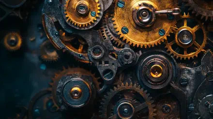 Intricate clockwork mechanism featuring detailed gears and cogs, presented in stunning 4K Ultra HD, perfect for a visually captivating desktop wallpaper or background.