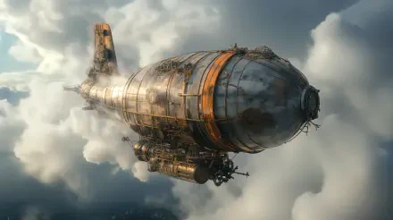 A detailed steampunk airship glides through dramatic clouds, showcasing intricate metallic design in a stunning 4K Ultra HD wallpaper for a captivating desktop background.