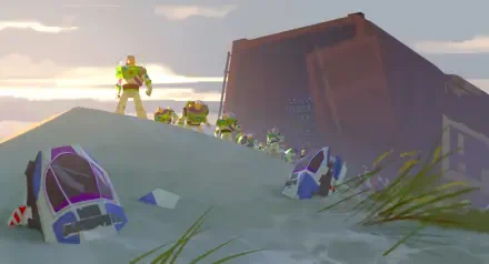 A vibrant 4K Ultra HD wallpaper featuring Buzz Lightyear from Toy Story 5, showcasing a dynamic scene with multiple Buzz characters amidst a scenic background.