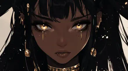 A striking 4K Ultra HD wallpaper featuring a black anime girl with captivating golden eyes and intricate jewelry, showcasing a blend of beauty and strength.
