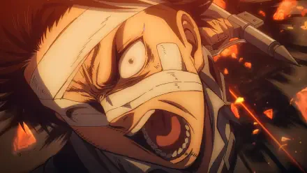 Intense 4K Ultra HD wallpaper featuring Levi Ackerman from the anime Attack on Titan: The Last Attack, showcasing a dramatic, battle-ready expression amid fiery chaos.