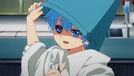 Nanao (Mission: Yozakura Family) — blue-haired anime character smiling with a blue bucket hat and pliers, bright 8K Ultra HD PC desktop wallpaper/background.