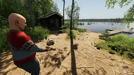 A serene scene from Finnish Cottage Simulator, showcasing a character near a picturesque lakeside cottage surrounded by lush trees and a tranquil water view. HD wallpaper for PC.