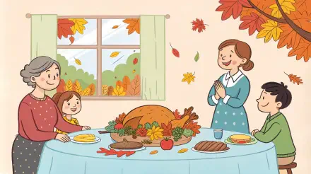 A festive Thanksgiving scene featuring a family gathered around a table with a turkey, autumn leaves, and a cozy atmosphere, captured in vibrant 4K Ultra HD quality.