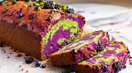 A vibrant, marbled pound cake with layers of purple and green, topped with fresh blackberries and nuts, presented as a stunning 4K Ultra HD desktop wallpaper.