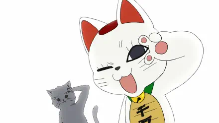 Anime-style HD PC wallpaper featuring Turbo Granny and a gray cat, with vibrant expressions and a playful pose from the Dandadan series.