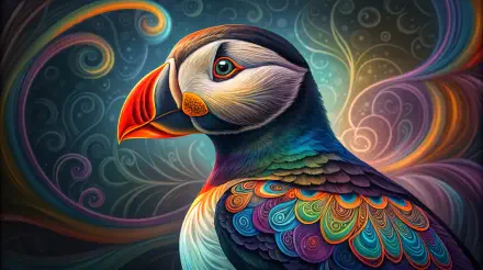 A vivid 4K Ultra HD wallpaper featuring a colorful puffin with intricate patterns and swirls in the background, showcasing its unique and striking appearance.