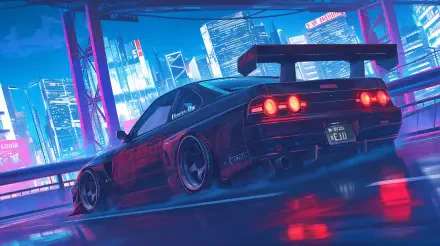 A striking anime car in JDM style, set against a vibrant cityscape backdrop, showcasing sleek lines and dynamic lighting in a 4K Ultra HD wallpaper.