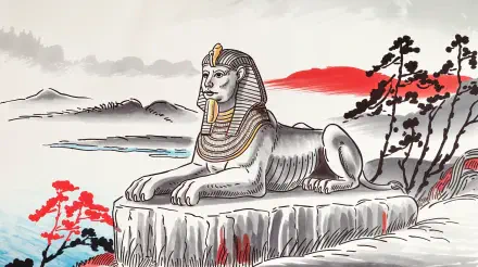 A majestic sphinx rests on a rocky outcrop, set against a colorful landscape with mountains and water, captured in stunning 4K Ultra HD detail, ideal for a desktop background.