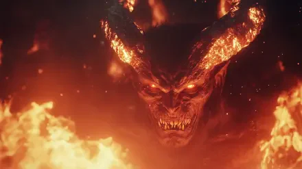 A striking HD desktop wallpaper featuring a fierce Ifrit from Diablo, surrounded by fiery flames and an intense, menacing expression.