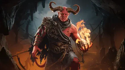 A fierce Ifrit stands wielding flames, adorned with chains. This captivating 4K Ultra HD wallpaper adds an intense fantasy element to any desktop background.