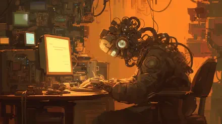 A futuristic programmer, clad in a robotic suit, works intently at a computer amidst a backdrop of advanced technology, capturing a sci-fi atmosphere in this stunning 4K Ultra HD wallpaper.