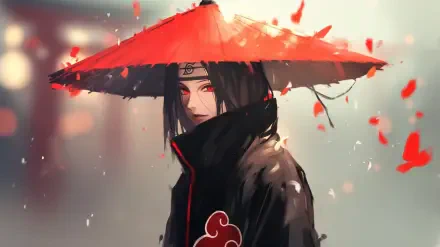 Itachi Uchiha stands confidently under a vibrant red umbrella, surrounded by falling leaves, in this HD anime wallpaper from Naruto. A striking blend of color and character.