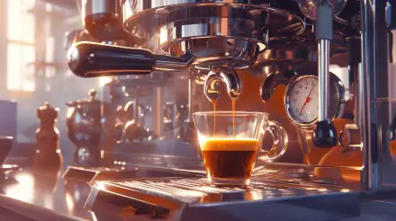 Close-up of an espresso machine brewing a fresh shot of coffee into a clear cup, captured in stunning 4K Ultra HD for a rich and detailed desktop wallpaper.