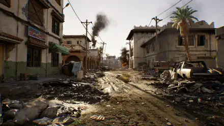 A detailed HD wallpaper featuring a war-torn street scene from the video game Delta Force, showcasing rubble, smoke, and desolate buildings under a clear sky.