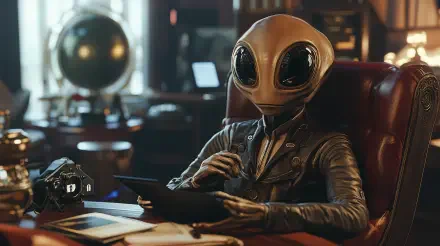 A detailed depiction of an alien diplomat seated at a desk, engaged with a tablet, surrounded by a futuristic office environment. This 4K Ultra HD wallpaper captures a whimsical sci-fi atmosphere.