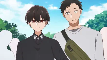 Anime-inspired HD wallpaper featuring two characters at an all-guy's mixer, set against a vibrant outdoor background. 