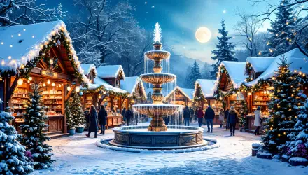 christmas market winter fountain snow holiday lights HD Desktop Wallpaper | Background Image