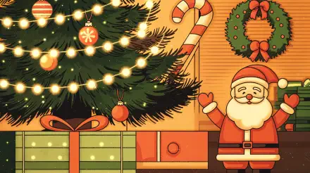 A festive Christmas scene featuring a decorated tree, colorful ornaments, a candy cane, a cheerful Santa, and wrapped presents, perfect as a 4K Ultra HD PC desktop wallpaper.