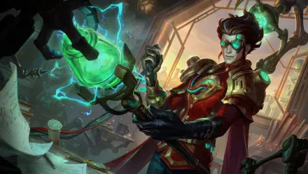 Viktor from League of Legends, depicted in a vibrant 4K Ultra HD wallpaper, showcases his character with a glowing green potion and electrifying effects in a steampunk setting.