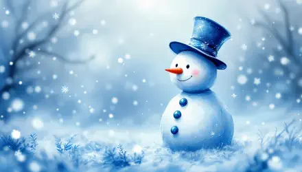 A cheerful snowman with a blue top hat stands in a snowy landscape, surrounded by gently falling snowflakes, creating a serene winter scene. 4K Ultra HD desktop wallpaper and background.