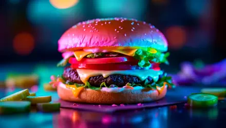 Vibrant, colorful 4K Ultra HD wallpaper of a neon-lit hamburger with fresh lettuce, tomato, cheese, and pickles, showcasing fast food in striking detail.