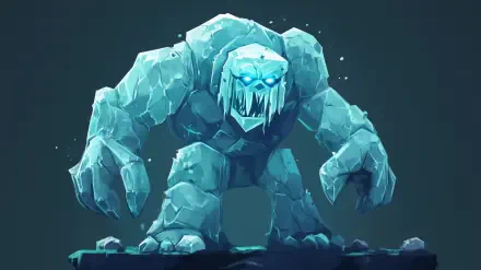 A powerful golem creature emerges from icy rocks, featuring glowing blue eyes and a fierce expression, set against a dark background. An immersive HD desktop wallpaper.