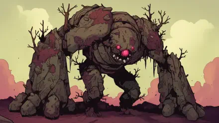 A menacing golem monster with glowing red eyes emerges from a barren landscape, surrounded by twisted trees and a dramatic sky. Perfect as an HD PC desktop wallpaper.