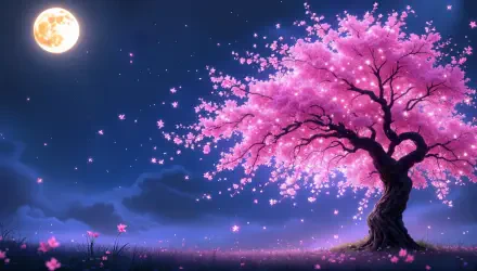 A beautiful cherry blossom tree stands under a glowing moon, surrounded by softly falling petals, captured in stunning 4K Ultra HD, perfect for a desktop wallpaper.