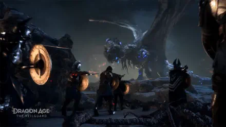 A dramatic scene from the video game Dragon Age: The Veilguard, featuring warriors preparing to battle a massive creature in an atmospheric environment. HD desktop wallpaper.