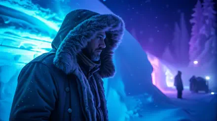 A smuggler in a fur-lined hood stands in a snowy landscape illuminated by cool blue and purple lights, creating a mysterious atmosphere in this 4K Ultra HD wallpaper.